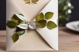 maquette pour une lettre ou une invitation de mariage avec des branches et des feuilles. couverture naturelle de la lumière et de l'ombre. photo