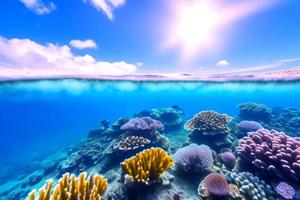 scène sous-marine. récif corallien de l'océan sous l'eau. monde marin sous fond d'eau. photo