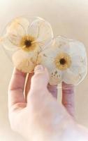 gros plan main de femme montrant des fleurs sèches dans une photo de concept de résine époxyde