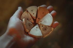 Close up personne tenant des tranches de bois pour l'artisanat concept photo