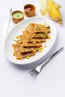 paratha ou parotha farcis au maïs sucré servis dans une assiette, recette de pain plat indien faite de remplissage makai photo