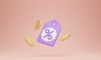 étiquette de prix discount avec des pièces, concept d'illustration 3d. photo