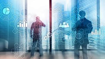 diagramme abstrait de processus métier avec des engrenages et des icônes. concept de technologie de flux de travail et d'automatisation photo