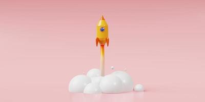 Lancement de fusée de vaisseau spatial d'illustration de rendu 3d sur fond rose, concept d'entreprise de démarrage 3d photo