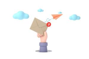 main tenir une enveloppe d'envoi d'icône de notification avec avion en papier. photo
