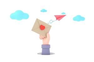 lettre d'enveloppe d'icône, lettre de courrier avec coeur rouge et avion en papier. photo