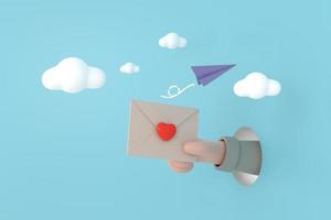 lettre d'enveloppe d'icône, lettre de courrier avec coeur rouge et avion en papier. photo