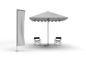 parasol parapluie d'exposition avec deux chaises de réalisateur et un teles photo