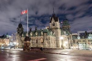 la colline du parlement et la maison du parlement canadien à ottawa, canada pendant l'hiver la nuit. photo