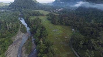 vue aérienne des rizières, de la rivière et de la forêt tropicale dans la province rurale d'aceh, en indonésie. photo