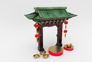 le décor de la porte de l'arche chinoise d'entrée avec des lanternes suspendues et une illustration 3d du podium. photo