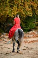 une femme en robe rouge est assise sur un cheval, une promenade d'automne dans la forêt. photo