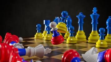 l'agression de la russie contre l'ukraine. jeu d'échecs aux couleurs des drapeaux. illustration de rendu 3d. photo