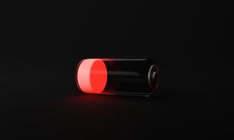 batterie faible isolée sur fond noir. néon rouge. concept de batterie en verre transparent. rendu 3d photo