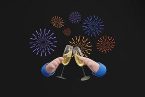 deux mains tintant un verre de champagne avec feux d'artifice sur fond noir. célébrons l'illustration 3d. photo