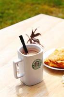 washington, états-unis - 01 août 2022 tasse à café avec logo starbucks sur le devant, boulangerie blanche sur assiette. placez-le sur une table en bois dans le jardin où le soleil du matin brille. photo