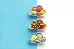 bonbons colorés - sucettes, meringues, macaron dans un bol en forme de nuage isolé sur fond bleu, blanc plat vue de dessus knolling nourriture malsaine et savoureuse concept créatif carte de vacances photo