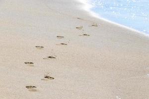 empreintes de pas sur le sable de la plage au bord de l'eau mexique. photo