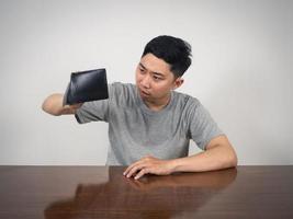 homme asiatique assis et secouant son portefeuille pour trouver de l'argent, pauvre homme photo