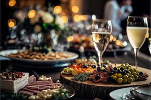 table de service d'une variété de délicieux plats et vins festifs préparés pour une fête ou un mariage photo
