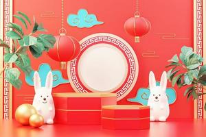 joyeux nouvel an chinois 2023 avec l'année du lapin. podium traditionnel pour montrer le produit. fond rouge du nouvel an lunaire décorer avec la texture chinoise, l'or, les pièces de monnaie et le signe du zodiaque. rendu 3D. photo