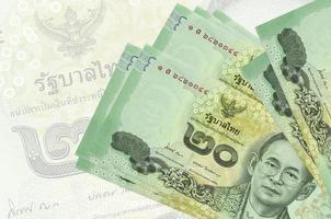 20 billets de baht thaïlandais sont empilés sur fond de gros billets de banque semi-transparents. présentation abstraite de la monnaie nationale photo