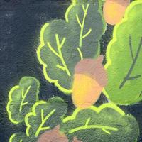 fragment de dessins de graffitis. le vieux mur décoré de taches de peinture dans le style de la culture de l'art de la rue. feuilles de chêne et glands photo