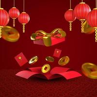 Illustration 3d de la bannière du nouvel an chinois avec boîte-cadeau ouverte photo