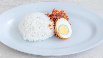 une assiette de riz avec sauce balado aux œufs, sauce aux œufs, anchois et tofu. servi dans un bol sur fond gris. mise au point sélectionnée. photo