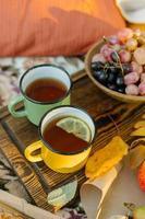 tasses à thé et raisins dans un bol sur une planche de bois sur un plaid confortable dans le parc d'automne. concept d'humeur d'automne. photo