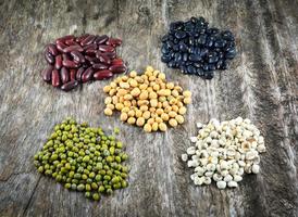graines de grains entiers diverses lentilles avec haricot mungo, haricot noir, haricot rouge, soja et larmes de job photo