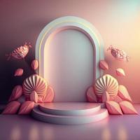 illustration 3d de podium de luxe avec une élégante couleur rose et un ornement de couronne de fleurs abstraites pour l'affichage du produit photo