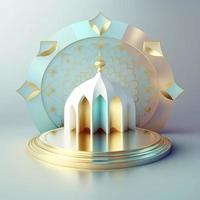 scène islamique du ramadan avec scène de mosquée réaliste 3d dorée et podium pour la présentation du produit photo