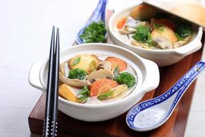 sapo tahu, cuisine chinoise avec tofu japonais, légumes, viande ou fruits de mer et champignons