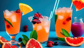 gros plan de photographie alimentaire professionnelle de cocktails d'été de fruits tropicaux avec pamplemousse rouge, baies et glace sur fond bleu photo