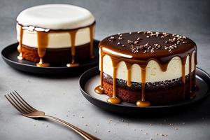 photographie culinaire professionnelle d'un gâteau posé sur une assiette blanche photo