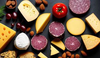 photographie culinaire professionnelle gros plan d'un plateau de fromages et de charcuterie assis sur une table photo