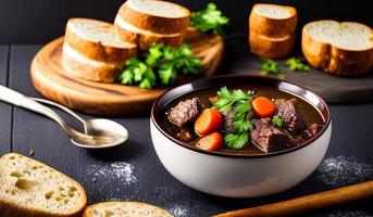 photographie culinaire professionnelle gros plan d'un bol de ragoût de boeuf avec du pain sur le côté photo