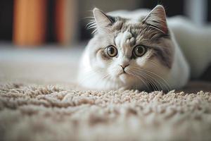 gros plan d'un chat confortable allongé sur un tapis, sur un fond de salon aux tons blancs.