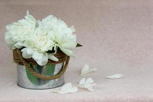 beau bouquet de pivoines laiteuses légères dans une boîte en métal arrondie isolée sur fond rose avec espace libre pour le texte, image horizontale pour carte de voeux, papier peint, calendrier, affiche, carte postale de printemps photo