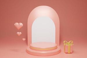 Podium d'affichage de produit 3d. conception de composition, coffrets cadeaux et fond rose minimal en forme de coeur pour la saint-valentin. photo