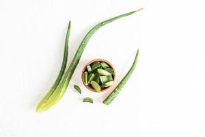 vue de dessus d'un bol en bois avec des tranches de la plante d'aloe vera et des feuilles sur fond blanc. style plat. plante médicinale. alternative à la médecine photo