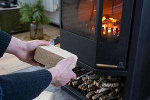 les mains allument le foyer avec des briquettes économiques. briquettes de combustible en sciure de bois pressée pour allumer le four - combustible écologique alternatif économique pour la cheminée de la maison. photo