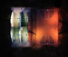 Photographie de vue grand angle du terrain de basket