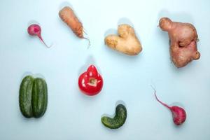 légumes laids mûrs disposés sur fond bleu clair. photo