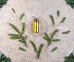 huile essentielle d'épinette de conifères dans une petite bouteille en verre, brindilles vertes autour d'elle au centre de la scie en bois coupée. photo