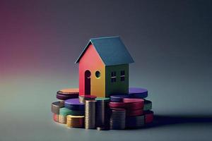 maison colorée miniature sur des pièces de pile en utilisant comme propriété et concept financier photo