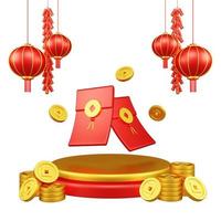 illustration 3d du nouvel an chinois avec ornement pour la promotion de l'événement page de destination des médias sociaux argent chanceux avec podium et lanternes rouges et pièces de monnaie pour la célébration du nouvel an chinois photo