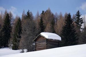 cabane en bois dans le fond de neige d'hiver photo