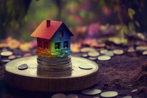 maison colorée miniature sur des pièces de pile en utilisant comme propriété et concept financier photo